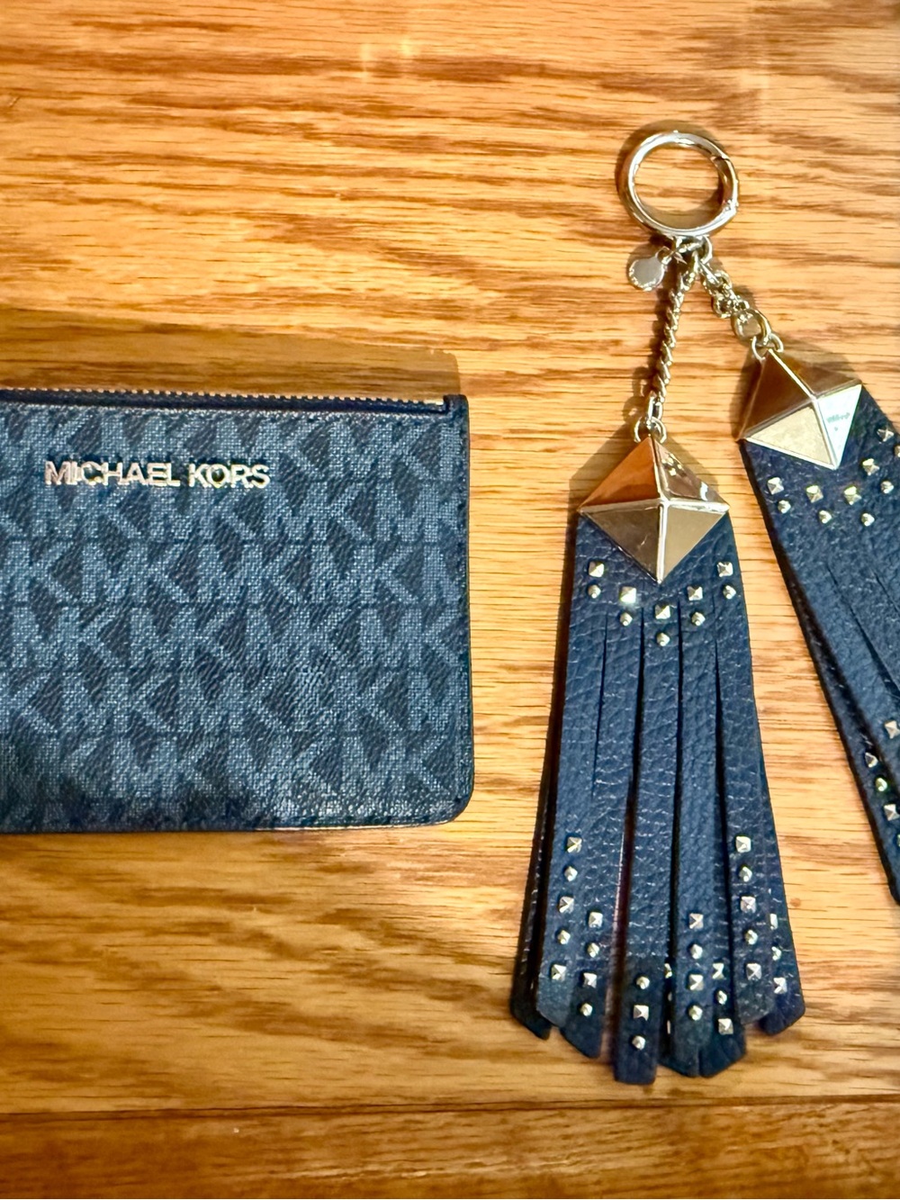 Michael Kors Navy Monogram Card Holder with silver tone purse charm